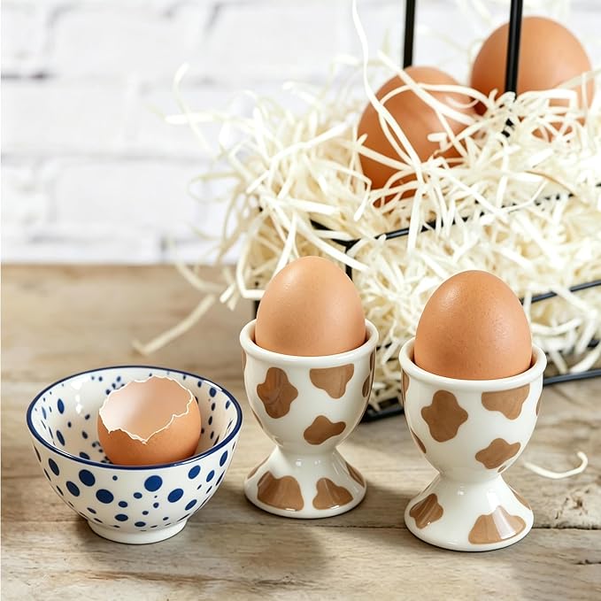 Cinf Ceramic Egg Cups, Set of 2, Mocha Cow Boiled Egg Holders for Breakfast | Set of 2 ceramic egg cups, classic white design, easy to clean, ideal for boiled eggs, breakfast serving and holiday gifting
