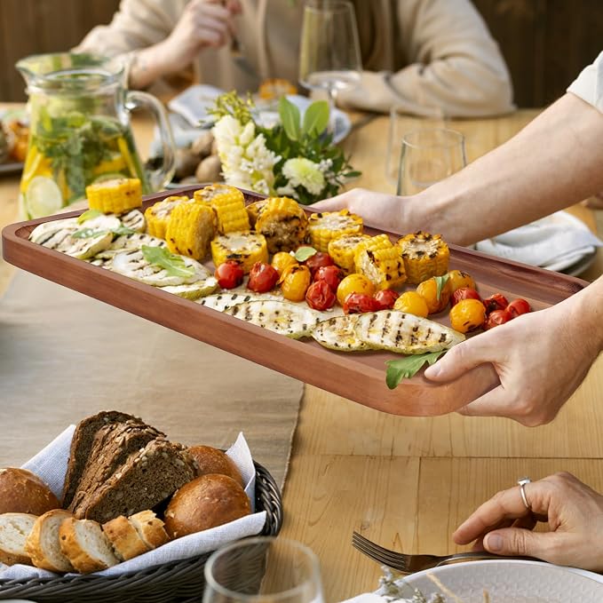 Large Wooden Tray for Party Food Charcuterie Boards Wood Serving Platters | Rectangle Acacia Wood Dessert Cheese Trays Appetizer Snack Plate Dish Fruit Platter for Kitchen Counter Decor Coffee Bar Tray