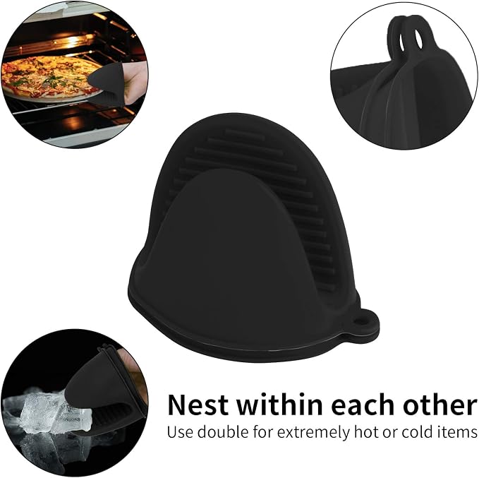 Vaincre 4PCS Heat Resistant Silicone Oven Mitts & Potholders, All Black | Food Grade Silicone, Non-Slip Grip, Waterproof, Mini Size, Flexible, Dishwasher Safe, For Cooking Baking Grilling BBQ