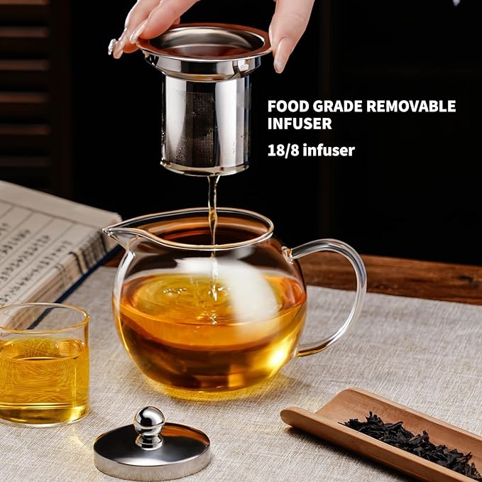 PARACITY Glass Teapot for Stovetop, 50 oz Clear Tea Kettle with Infuser | Removable 18/8 stainless steel strainer brews loose leaf, herbal and blooming teas; borosilicate body suits microwave use