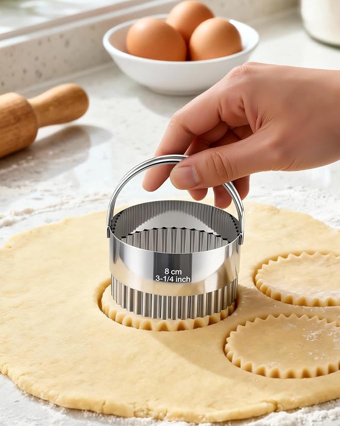 Biscuit Cutter Set with Handle, 5pcs Fluted Cookie Cutters | Pastry, Cakes, Donut Baking Tool, Stainless Steel, Dishwasher Safe, In/cm Markings, Ergonomic Arched Grip
