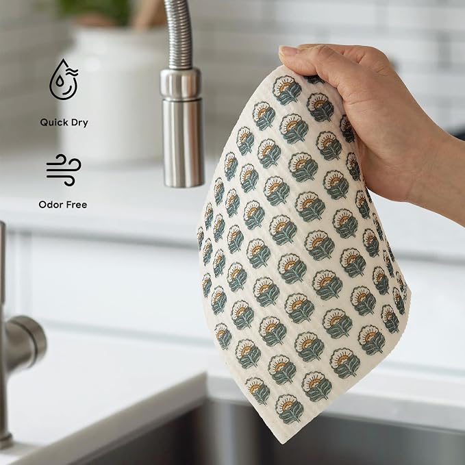 RECYCO Swedish Dishcloths for Kitchen | 5 Pack Indigo Petals Washable Dish Rags | Cellulose Reusable Cleaning Paper Towels | Absorbent Counter Dish Cloth Sponge Kitchen Wipes, 8" L x 7" W