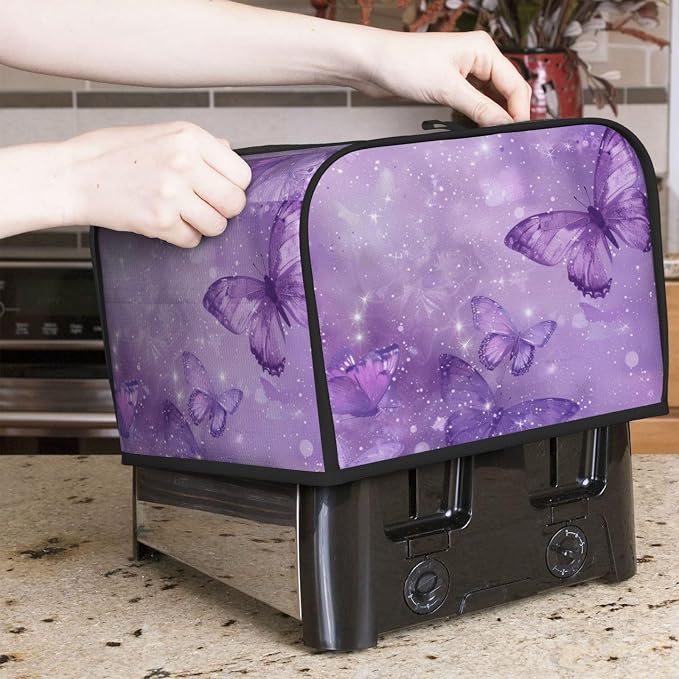 4 Slice Toaster Cover Butterfly Purple Pastel Dust Proof Washable Kitchen Appliance Cover with Pocket, Oxford Fabric Countertop Toaster Protector for Standard Toasters Small Appliances