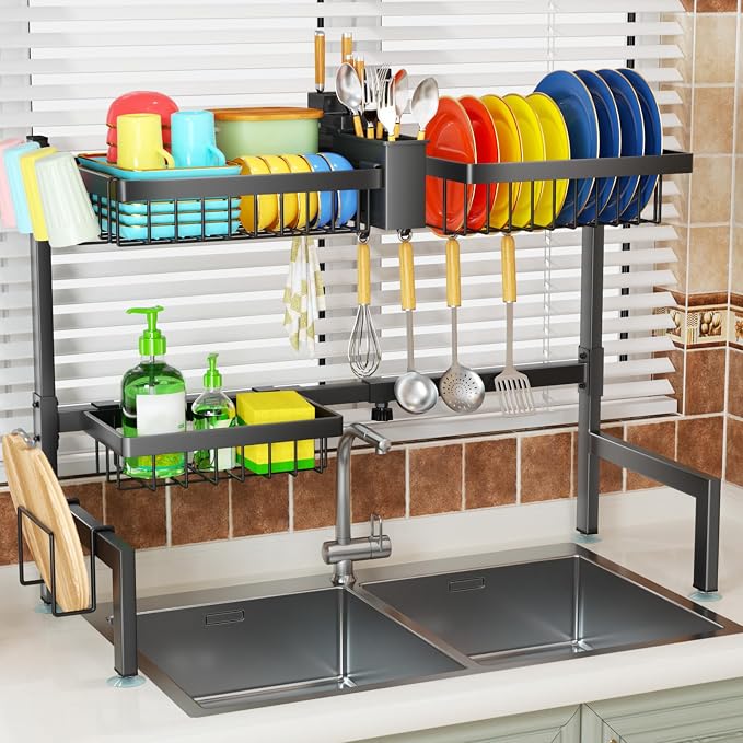 SNSLXH 2-Tier Over The Sink Dish Drying Rack, Kitchen Dish Drying Rack | Large Dish Drying Rack, Suitable for Most Sinks, Kitchen Drying Rack（26.57"-35"）