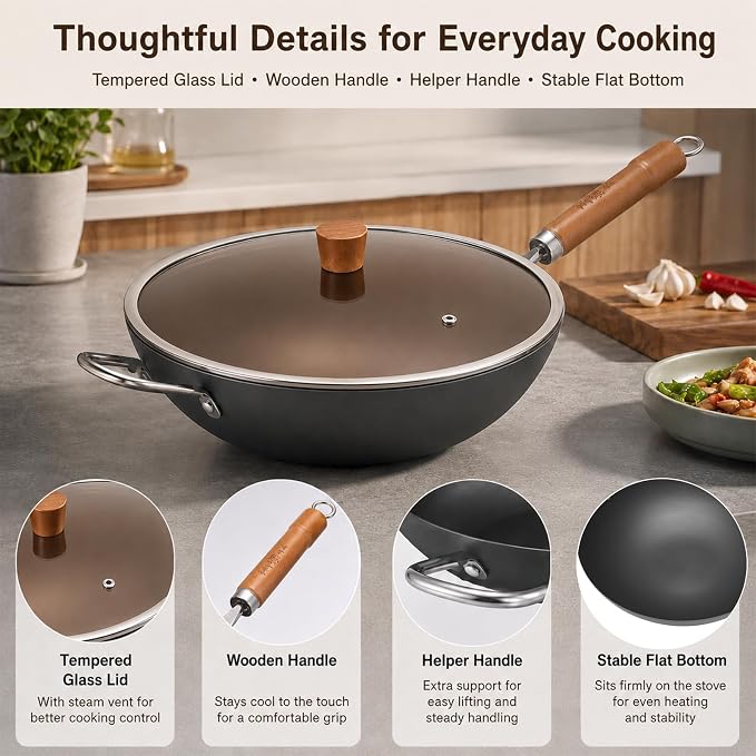WANGYUANJI Carbon Steel Wok with Lid, 12.6 Inch Flat Bottom Wok Pan, Uncoated Stir Fry Pan with Wooden Handle, Chinese Wok for Gas, Electric, Induction & Ceramic Stoves | Uncoated Stir Fry Pan with Wooden Handle for Gas, Electric, Induction & Ceramic S...