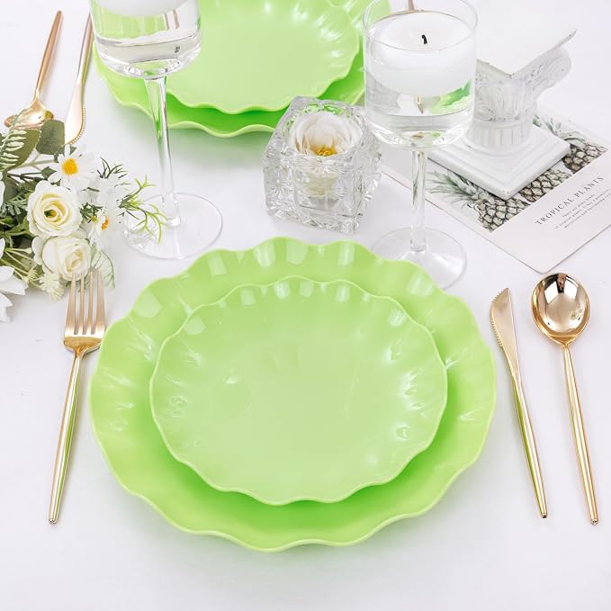 LIYH 24Pcs Sage Green Unbreakable Plastic Plates for Birthday Scalloped | Premium food-grade shatterproof reusable dinnerware. Elegant scalloped edges, ideal for serving desserts at any gatherings.