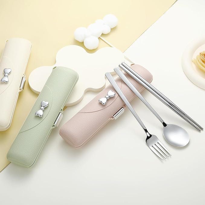 DEVICO Travel Silverware Set with Case,Portable Lunch Utensils Set for Work | 4Pcs 18/8 Stainless Steel Reusable Travel Cutlery Set, Fork and Spoon Set for Camping/School/Lunch Box, Dishwasher Safe, Pink