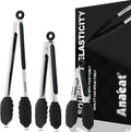 Anaeat Non-Stick Silicone Locking Tong Set of 3 - Stainless Steel 7", 9", 12" Kitchen Food Tongs with Non-Slip Silicone Tips and Grip for Cooking, Baking and BBQ - Heat Resistant up to 480°F (Black)