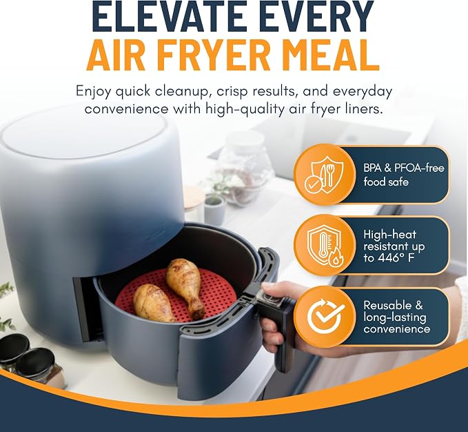 Reusable Round Silicone Air Fryer Liners (9 Inch, 3 Pack) by Linda’s Essentials - Non-Stick, Easy-Clean Accessories with Cheat Sheet & Recipe Book, Perfect for Quick Meals
