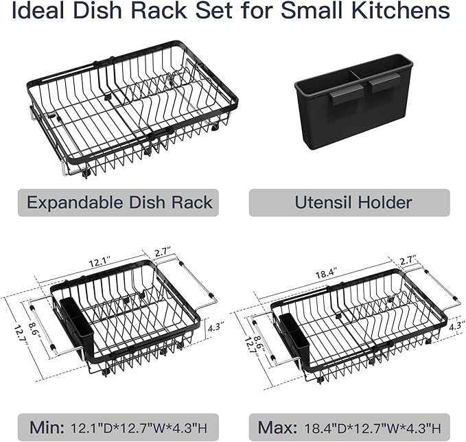 Dish Drying Rack Over The Sink with Utensil Holder | Expandable Stainless Steel Dish Drainer for Small Kitchen, Apartment, RV, Counter Space Saving, Perfect Fit, Rustproof