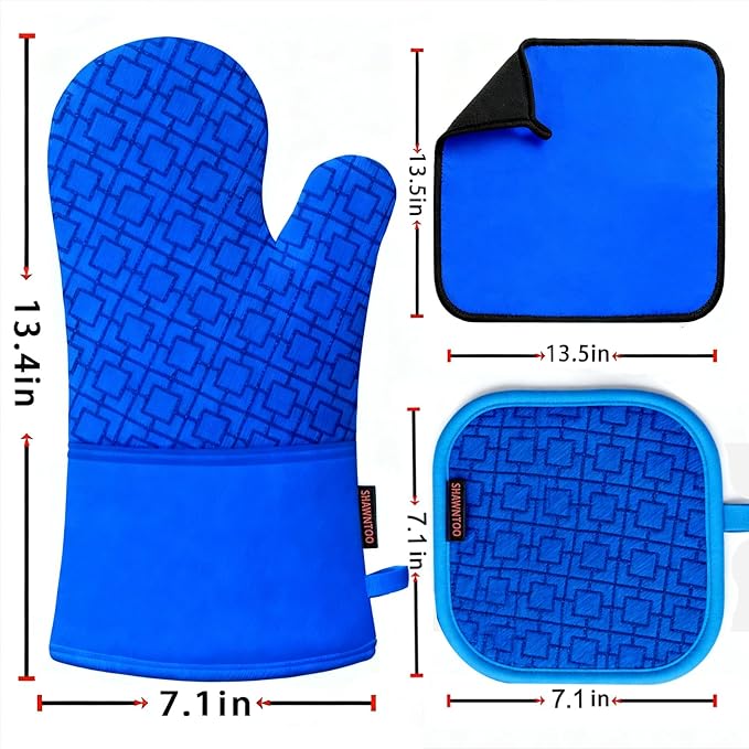 Oven Mitts and Pot Holders Sets 6pcs, Kitchen Oven Glove,High Heat Resistant 550 Degree Extra Long Oven Mitts and Potholders with Non-Slip Silicone Surface for Home Essentials (Grey) (Navy Blue)