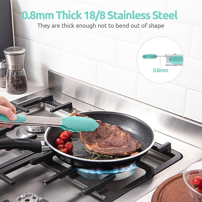 U-Taste Kitchen Tong for Cooking, 600ºF Heat-Resistant Tps, 12in/Aqua Sky | Large Tongs for Serving Food, Big Rubber Tong for Grill/BBQ, Silicone Tips & 18/8 Stainless Steel Handle, Smooth Locking