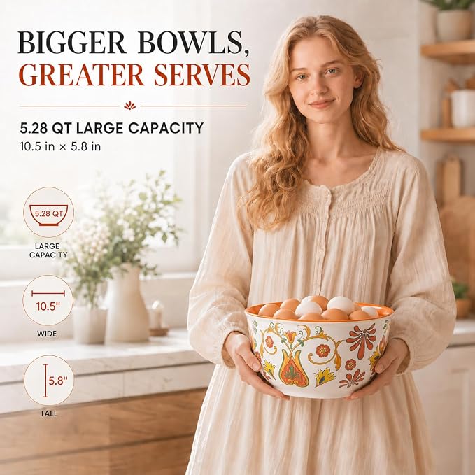 TP Melamine Mixing Bowl Set with Lids, Salad Bowl Set of 3, Aztec Bloom | Nesting Design,Break-resistant,Pasta & Salad Prep, Baking Prep, Space-saving Storage, Freezer Safe, Dishwasher Safe