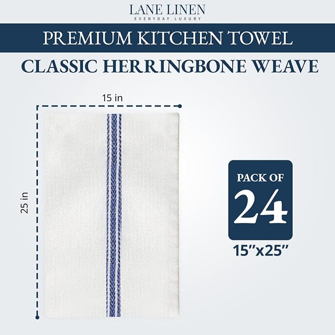 LANE LINEN Kitchen Towel Set - 24 Pack 100% Natural Cotton Absorbent Dish Towels for Kitchen, Reusable Wash Cloths, Machine Washable Hand Cloth, 14"x25", Soft & Durable - Blue Stripe