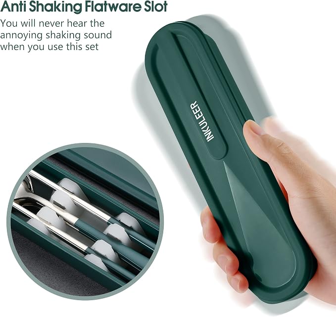 iNKULEER Travel cutlery set, 18/8 stainless steel cutlery, Reusable utensils set with case, Portable Silverware Lunch Box for Camping and Office (Dark Green)