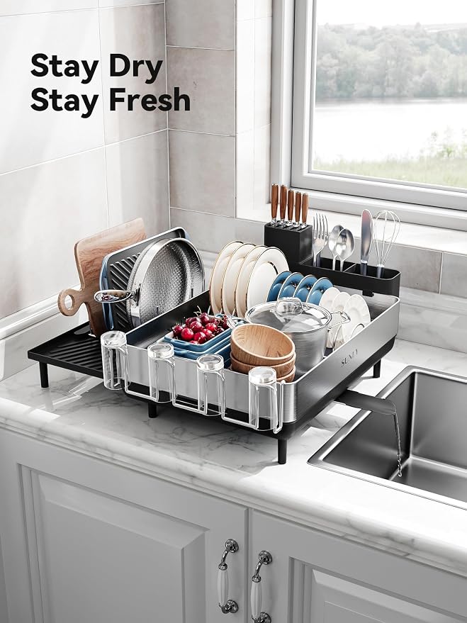 Large Dish Drying Rack, Expandable Dish Racks for Kitchen Counter, Space Saving 304 Stainless Steel Drying Rack Kitchen, Extra Large Drainer with Multifunctional Flip Up Pegs, Black