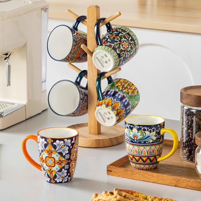 vancasso SIMI 12 oz Coffee Mugs Set of 6, Ceramic Mug with Handle, Boho | Coffee Cups for Latte, Tea, Cappuccino & Hot Chocolate, Easy-Grip Mug, Dishwasher & Microwave Safe, Bohemian Gift Set