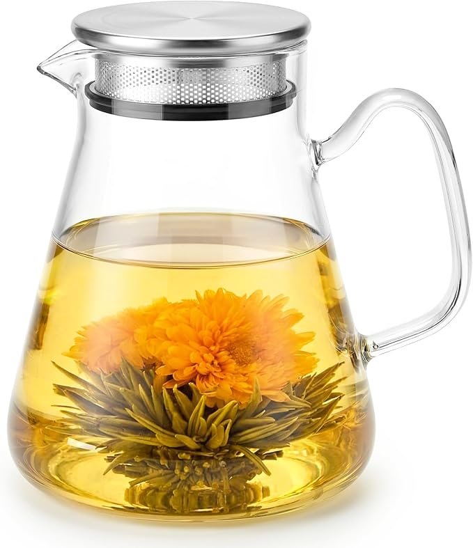 Baalaka Glass Teapot with Infuser, Stovetop Glass Tea Kettle, 33oz/1000ml | One-touch borosilicate loose leaf tea steeper with removable steel filter lid; glass body works in microwave and dishwasher