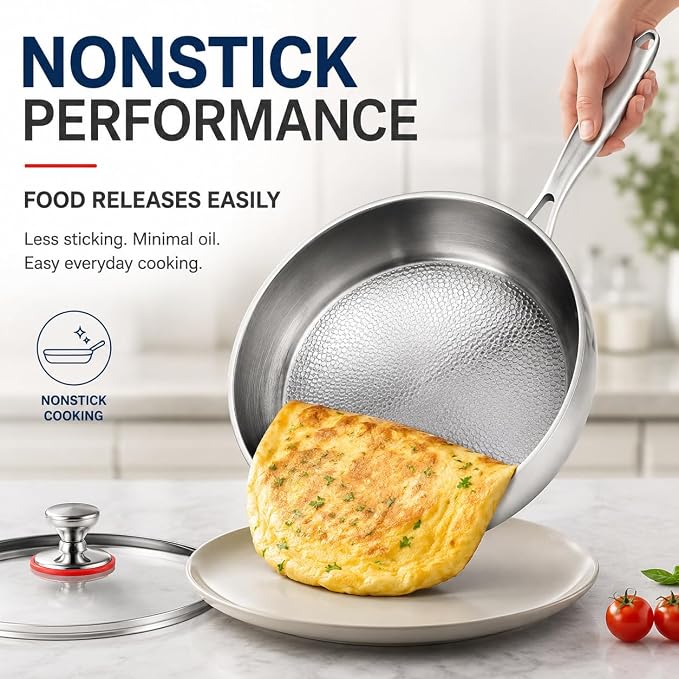 Titanium Hammered Pan with Lid, Thickened Multi-Layer Stock Pot, Titanium Wok Pan, Scratch-Resistant Non Stick Titanium Frying Pans, Even Heating for Cooking,10.23in/Steamer