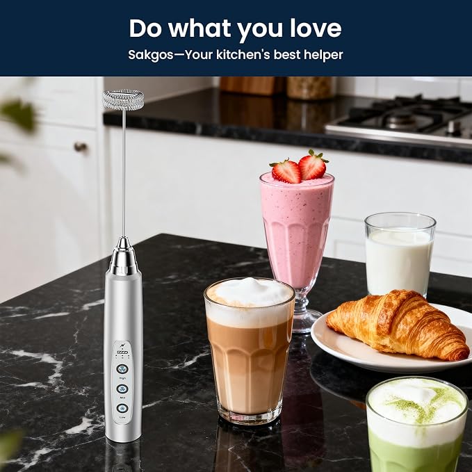 Milk Frother Wand Rechargeable Handheld Electric Whisk 3 Speed Adjustable | Coffee Frother Wand with 3 Stainless Whisks Electric Foam Maker Drink Mixer Blender for Latte Cappuccino Matcha Egg