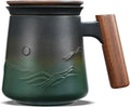 ZENS Tea Infuser Mug with Lid for Loose Tea Steeper, 14.5oz Wooden Handle | Embossed Ceramic Teacup with Strainer for Tea Lovers Gifts, Herbal Tea Diffusers, Effortless Brewing