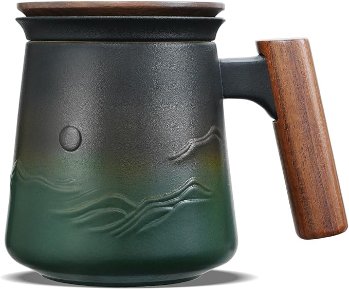 ZENS Tea Infuser Mug with Lid for Loose Tea Steeper, 14.5oz Wooden Handle | Embossed Ceramic Teacup with Strainer for Tea Lovers Gifts, Herbal Tea Diffusers, Effortless Brewing
