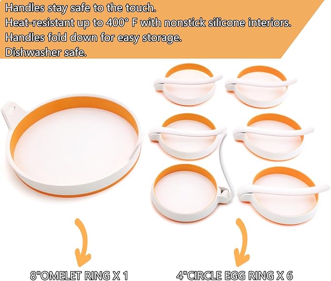 Egg Ring Set, Non Stick Silicone Egg and Omelet Cooker Mold for Pancakes, Patties and English Muffins, 7 Piece Set (ORANGE)