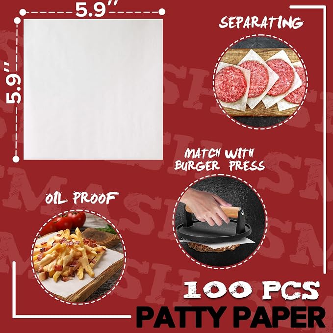 Grilliance Smash Burger Press Kit, 3 in 1 Hamburger Press Patty Maker, Black Cast Iron Burger Press Round & Rectangle, 100pcs Wax Paper for Grill, Griddle, Flat top, Kitchen, Cooking