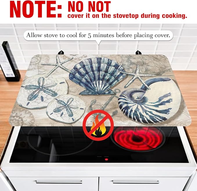 Nautical Stove Top Cover for Electric Stoves,Spring Summer Ocean Seashell Beach Stove Top Cover for Kitchen Decor,Heat Resistant Cooktop Protector Mat,Non-Slip Washable Dish Drying Mat 28"x20"