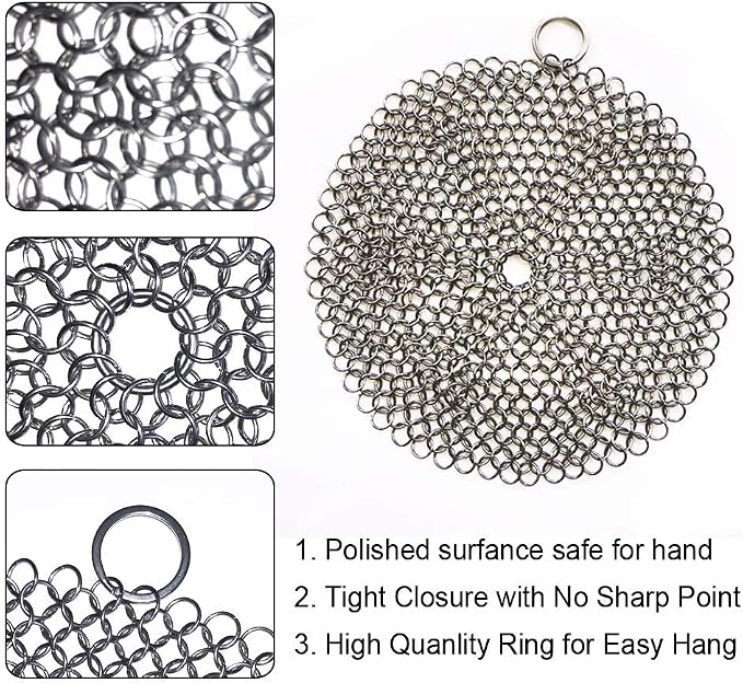 316 Premium Stainless Steel Cast Iron Cleaner, Chainmail Scrubber for Cast Iron Pan Pre-Seasoned Pan Dutch Ovens Waffle Iron Pans Scraper Cast Iron Grill Scraper Skillet Scraper HOVhomeDEVP