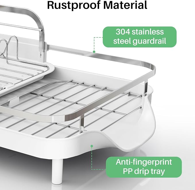SAYZH Expandable Dish Drying Rack for Small Kitchen Counter, White | Stainless Steel, Protective Guardrail, Angled Drainboard, Fits High-Rim Sinks, Removable Utensil Holder