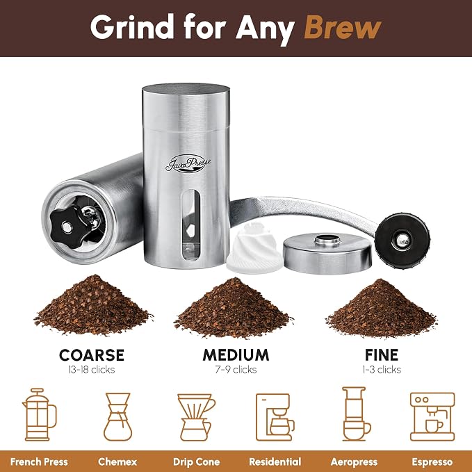 Manual Stainless Steel Coffee Grinder - 18 Adjustable Settings, Portable Conical Burr Grinder for Camping, Travel, Espresso - With Hand Crank