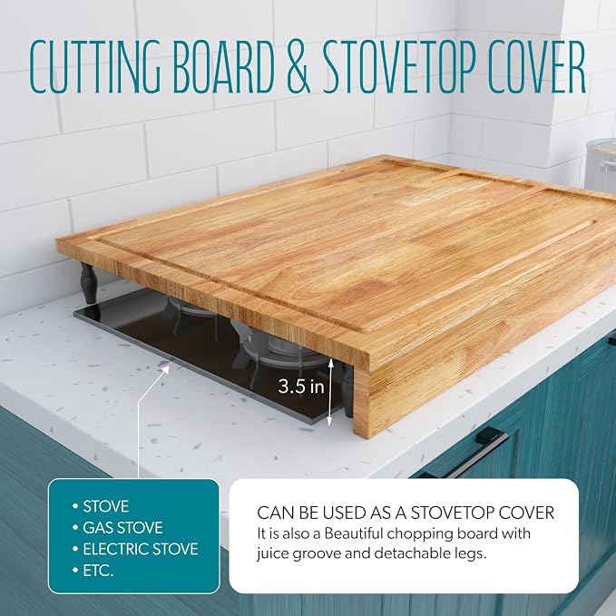 Extra Large Solid Wooden Cutting Board and Stovetop Cover, 3 in 1 Stove Top Cover Chopping Board with Detachable Legs and Juice Groove, Sink Cover Board