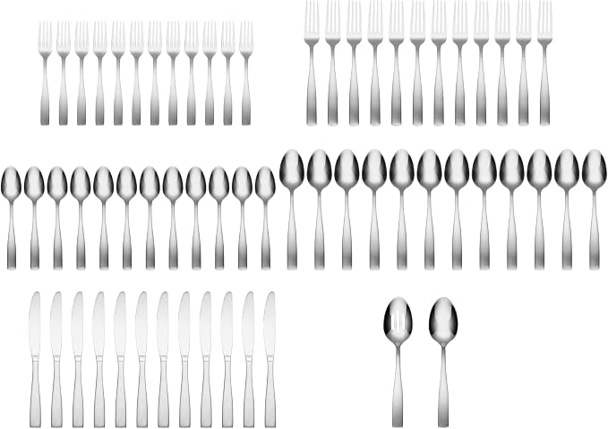 Cambridge Madison Satin 62-Piece 18/0 Silverware Set for 12, Flatware | silver, dishwasher safe | includes wood storage tray | heavy duty, cutlery set for kitchen and dining, utensil set