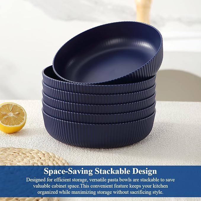 HOMQUEN Pasta Bowls Set of 6, 37oz Salad Bowls Blue Soup Bowls, Large Pasta Serving Bowls, Unbreakable Plastic Dinner Bowls, Dinnerware Sets,Valentines Day Gift, Dishwasher Safe (Blue)
