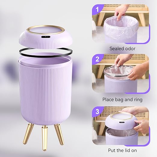 Bathroom Trash Can Automatic Touchless,3 Gallon Purple Gabage can | Motion Sensor Trash Can with Lid and legs,Smart Diaper Garbage Bin,Auto Small WasteBasket for Bedroom,Office,Restroom,Laundry