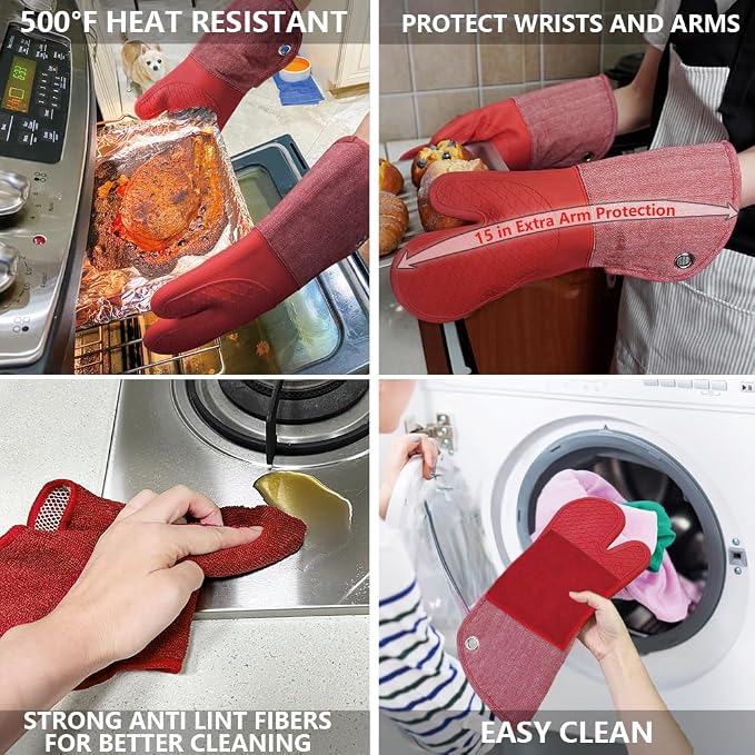 Professional Microwave Silicone Oven Mitts one Pair, Kitchen Mitten Set | Heat Resistant with 500 Degrees Oven Gloves Pot Holder for BBQ Cooking Baking (Red)
