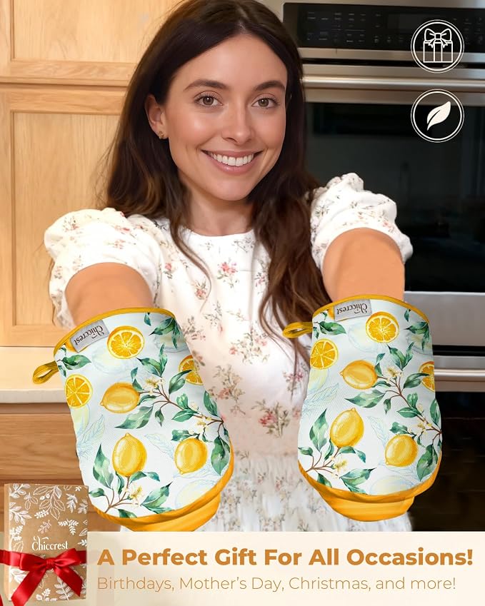 100% Thick Cotton Mini Oven Mitts Silicone Grip Stylish Lemon | Girly Cute Oven Mitts for Women, Machine Washable, Non-Slip, Reversible Design Fits Both Hands, Stylish Kitchen Decor