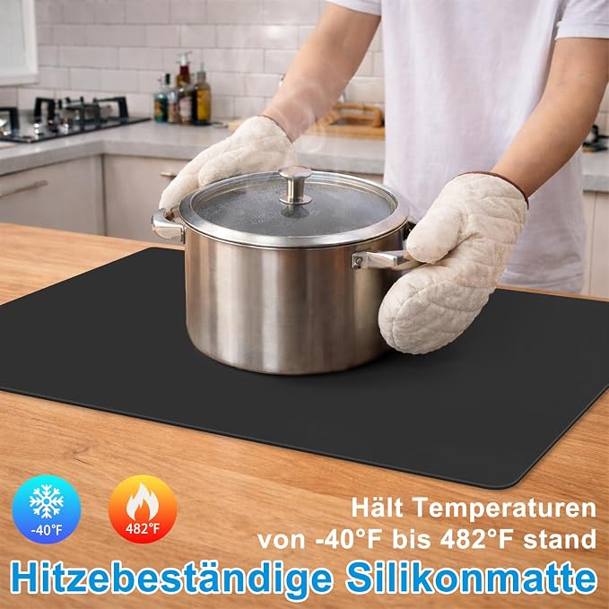 Silicone Mat for Kitchen Counter, 27.5" x 16.5" x 0.08", Black | Heat Resistant, Nonslip, Multipurpose Countertop Protector, Shipped Rolled Up