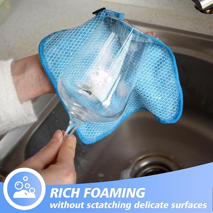 Dish Cloths for Washing Dishes with Scrub Side, Microfiber Dish Rags | Dual-sided microfiber dish cloths with scrubber for stuck-on food, quick dry kitchen washcloths 9 Pack, 7" x 7 Inch Blue