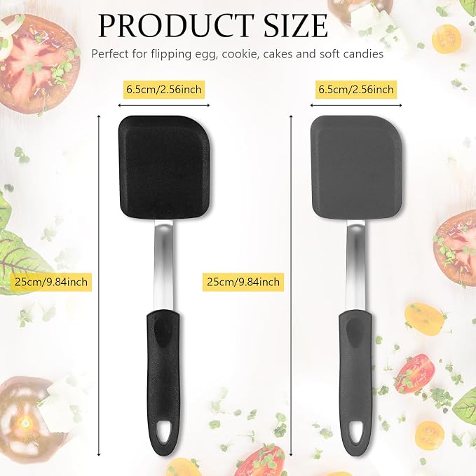 Silicone Cookie Spatula Turner 2 Pack Mini Brownie Spatula Flexible Kitchen Small Silicone Turner for Nonstick Cookware Heat Resistant No Scratch Flipper for Egg(Solid Flat,Black, Grey)