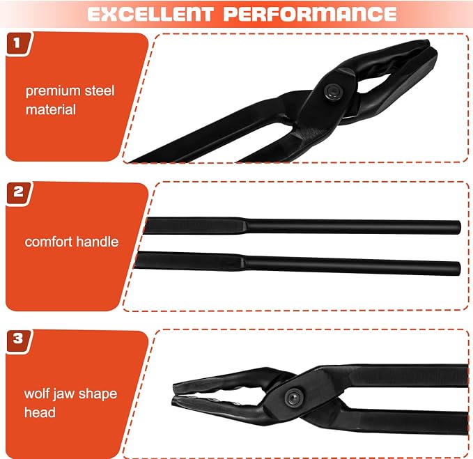Camoo Blacksmith Tongs Wolf Jaw 17 in, Black, Steel, Long-Handled Blacksmithing Tongs, 1 piece