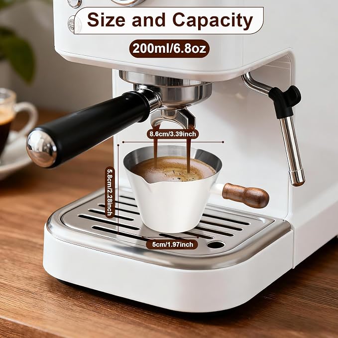 Amrules 6.8oz Espresso Measuring Cup with Wood Handle & Double Spout, White | 18/8 Stainless Steel & Wood Handle, V-Shaped Spout for Precision Pouring, Clear Scale Markings, for Coffee, Milk, Tea & Syrup