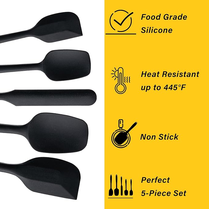 Silicone Spatula Set,5 Piece Food Grade Rubber Spatulas,Black | Spatulas Silicone Heat Resistant for Baking,Cooking,and Mixing High Heat Resistant Non Stick Dishwasher Safe BPA-Free