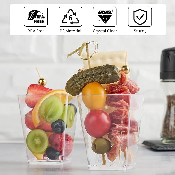 50 Sets 5 oz Plastic Charcuterie Cups with 100 Sticks, Square Appetizer Cups with Cocktail Picks Mini Party Serving Cups for Fruit, Snack, Dessert