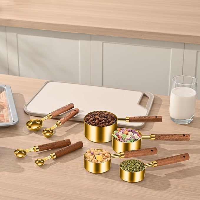Wooden Handle Measuring Cups & Spoons Set 8-Piece – Stainless Steel, Stackable, Rustic Farmhouse Kitchen Gadgets, Non-Toxic, Dishwasher Safe, Gift for Bakers & New Homeowners
