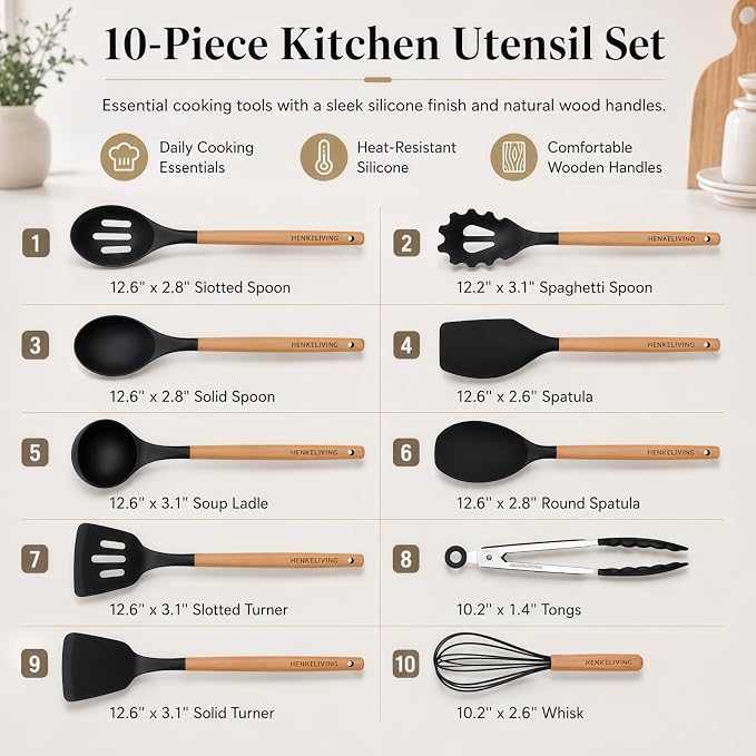 Silicone 10 Pcs Kitchen Cooking Utensils Set, Recycled Materials Certification, BPA Free Spatula Set with Heat Resistant Wood Handles for Nonstick Cookware, Black