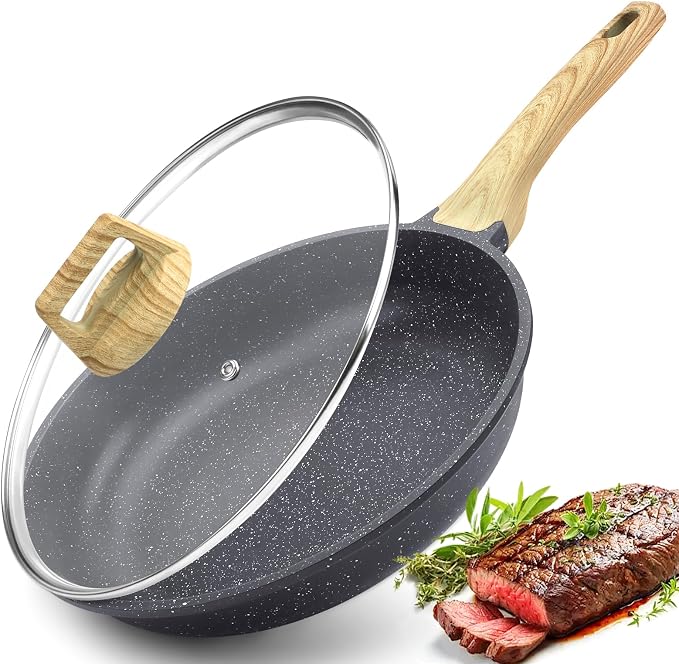 GiPP Nonstick Frying Pan Skillet with Lid - 11" Grey Granite Non Stick Pans, Omelette Pan with Heat-Resistant Handle, Compatible with All Stovetops, PFOA Free