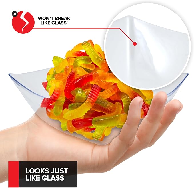 16oz Clear Plastic Serving Bowls (4 Pack) Small Disposable Candy Dishes, Square Plastic Buffet Containers for Chips, Snacks, Mints, Salad Bar, Snack Bowl Parties, Office, Bridal Shower, Party Supplies