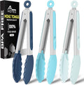 Hotec Mini Silicone Kitchen Tongs for Cooking - 7-Inch Small Serving Tongs with Silicone Tips, Set of 3 (Blue)
